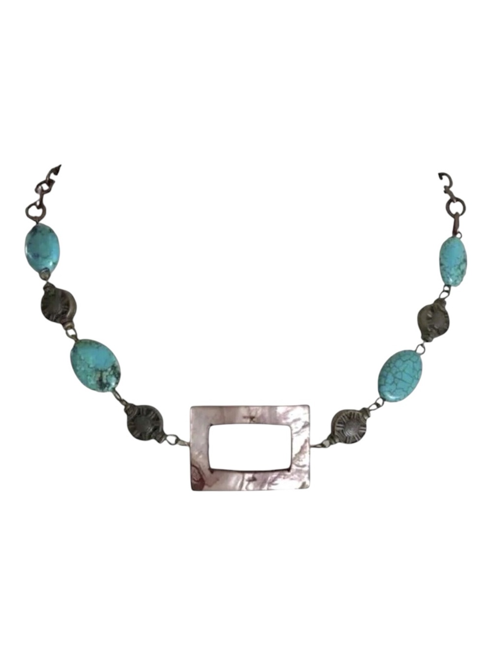 Abalone Shell Pendant Choker Necklace Beaded Chain Turquoise Color Beads